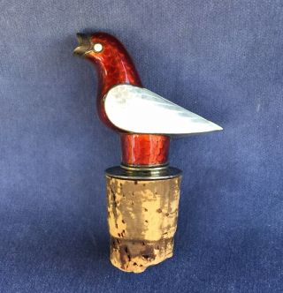 Vintage Sterling Silver Enamel Guilloche Bird Bottle Pourer Cork Norwegian