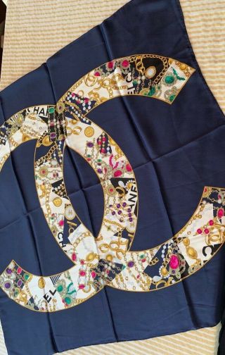 Authentic Vintage Chanel Scarf Silk Navy Gold Chain Jewels Gems 34 " X 34 "