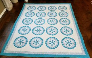 Vintage Gorgeous Blue Hand And Machine Stitched Quilt