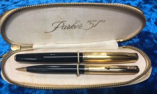 Vintage 1945 Parker 51 India Black Dj Fountain Pen & Pencil Set W/ Carry Case