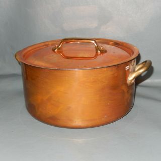 Vintage French Copper Sauce Stock Pot Heavy Brass Handle 3 Qt France Lid Covered