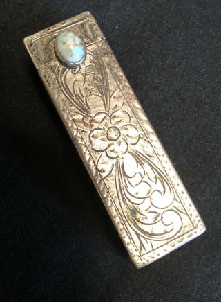 Antique Vintage Sterling Silver Ladies Lipstick & Compact Mirror Turquoise Stone