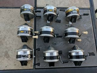 9 Vintage Zebco 33 Fishing Reels,  All Metal Foot,  All,  Made In Usa