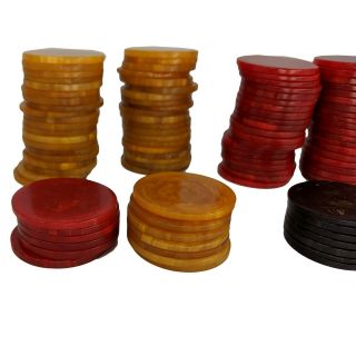 Vtg Bakelite Poker Carousel & 100 Catalin Marbled Chips Red Butterscotch Green