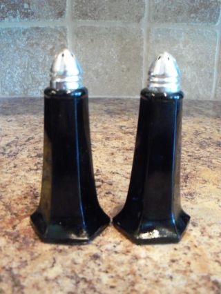 Vintage Hazel Atlas Black Glass Art Deco Depression Glass Salt & Pepper Shakers