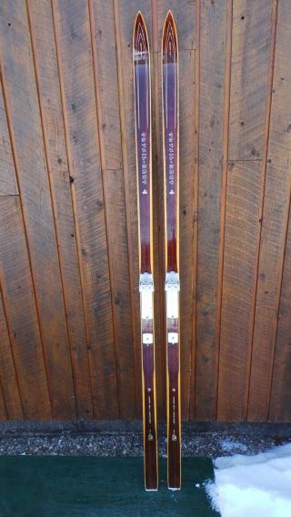Vintage Hickory Wooden 75 " Skis Brown Finish Trysil - Knut,  Different Bindings