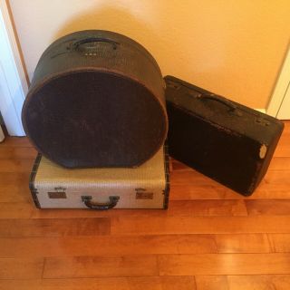 Trio Of Vintage Suitcases: 2 Medium (bakelite Handle On 1) Plus 1 Hatbox.