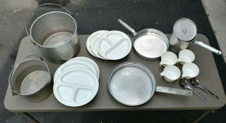Vintage Aluminum Camp Mess Kit Nesting Pans Coffee Pot Dishes Cook Ware Set