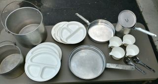 Vintage Aluminum Camp Mess Kit Nesting Pans Coffee Pot Dishes Cook Ware Set 4