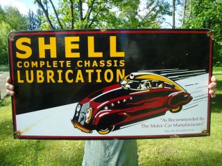 Large Rare Vintage 1947 Shell Lubrication Porcelain Gas Oil Pump Sign