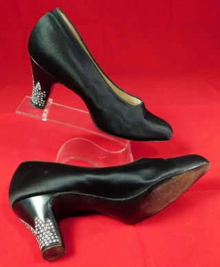 Vintage Jack Jacobus London Art Deco Black Silk Rhinestone Heel Flapper Shoes 2