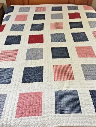 Red White Blue Vintage Hand Quilted Patchwork Quilt 81 " X 80 "