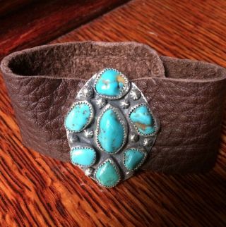 Rugged Fox Turquoise Cluster Leather Cuff Bracelet Sterling Signed