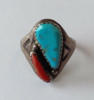 Vintage Navajo Pawn Silver Turquoise & Coral Ring Size 9.  25 A1