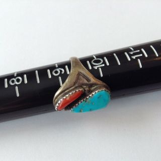 VINTAGE NAVAJO PAWN SILVER TURQUOISE & CORAL RING SIZE 9.  25 A1 3