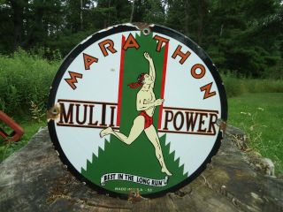 Old Vintage 1953 Marathon Multi - Power Gasoline Porcelain Enamel Gas Pump Sign