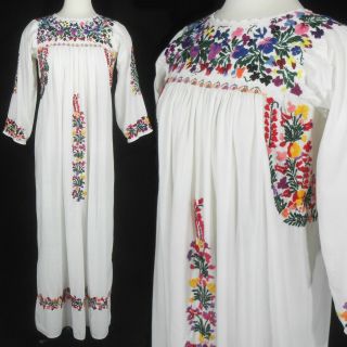 Vtg 70s Mexican Oaxacan Hand Embroidered Floral Bird Long Sleeve Maxi Dress S