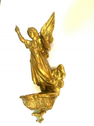 Vintage Art Nouveau Made in USA Cast Iron Brass Angel Holy Water Front 2