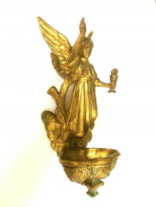 Vintage Art Nouveau Made in USA Cast Iron Brass Angel Holy Water Front 3
