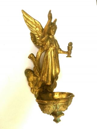 Vintage Art Nouveau Made in USA Cast Iron Brass Angel Holy Water Front 4