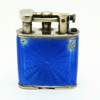 Vintage Austrian 935 Sterling Silver Liftarm Lighter Blue Guilloche Glass Enamel 3