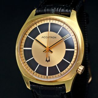 Vintage 1970 Bulova Accutron 218 18k Yellow Gold Plated Rare Black Dial Watch Nr