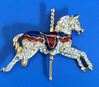 Vintage Signed Carolee,  Carousel Horse Crystals Red Blue Gold Enamel Pin Brooch
