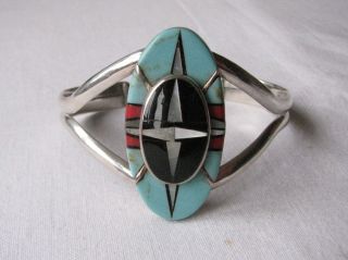 Vintage Silver Turquoise Mother Of Pearl Star Navajo Style Bangle Cuff