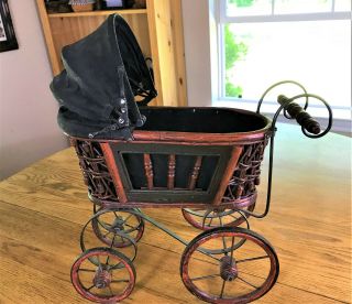 Vintage Antique Victorian Style Doll Buggy/baby Carriage (canvas,  Wood & Brass)