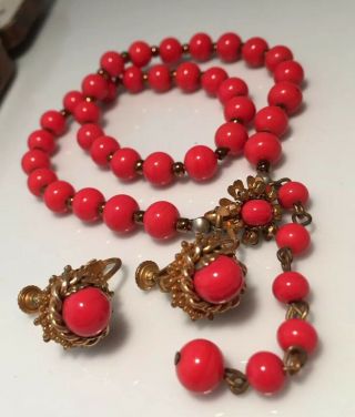 Vintage Jewellery Early Miriam Haskell Coral Glass Bead Necklace And Earrings