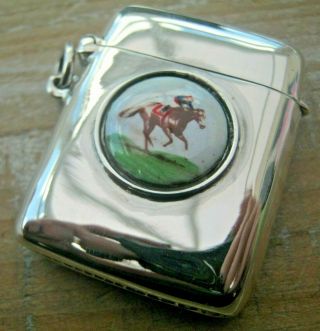 Antique Style Hallmarked Sterling Silver & Enamel Horse Racing Vesta Case
