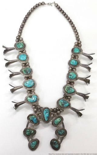 Massive Vintage Fine Silver Turquoise Squash Blossom Southwestern Necklace