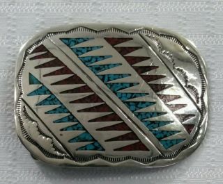 Vintage Sterling Silver Native American Turquoise Chip Inlay Belt Buckle W Stamp
