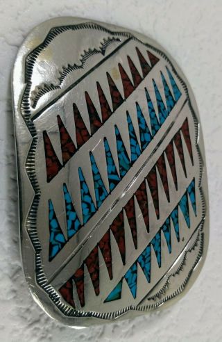 Vintage Sterling Silver Native American Turquoise Chip Inlay Belt Buckle W stamp 2