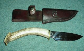 Vintage Hunting Knife With Stag Antler Handle & Leather Sheath 10 " Lenght Bb