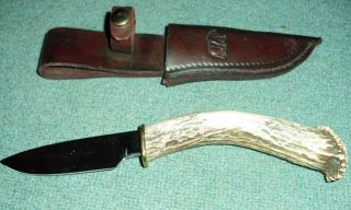 Vintage Hunting Knife with Stag Antler Handle & Leather Sheath 10 