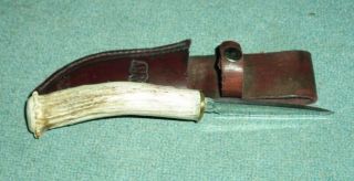 Vintage Hunting Knife with Stag Antler Handle & Leather Sheath 10 