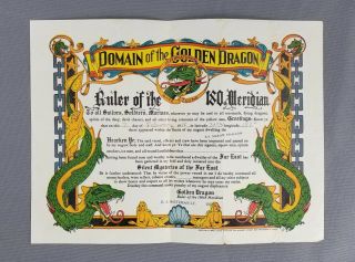 Domain Of The Golden Dragon Certificate (1946) 180th Meridian,  Ss Marine Swallow