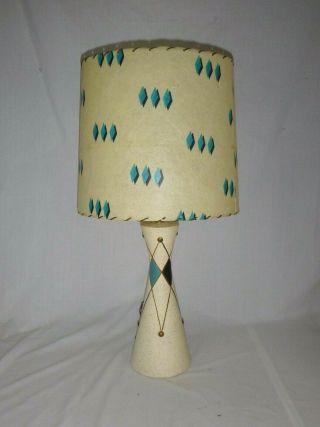 Vtg Mid Century Table Lamp W/ Fiberglass Shade Turquoise Black Diamonds