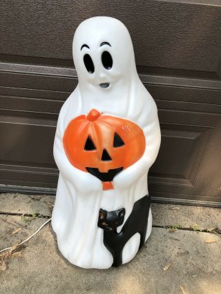 Halloween Empire Ghost Blow Mold Holding A Pumpkin And Black Cat Lighted Vtg 34 "