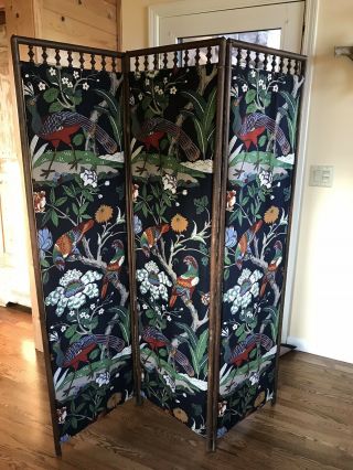 Antique Vintage Wood Fabric Folding 3 - Panel Room Divider Screen Privacy