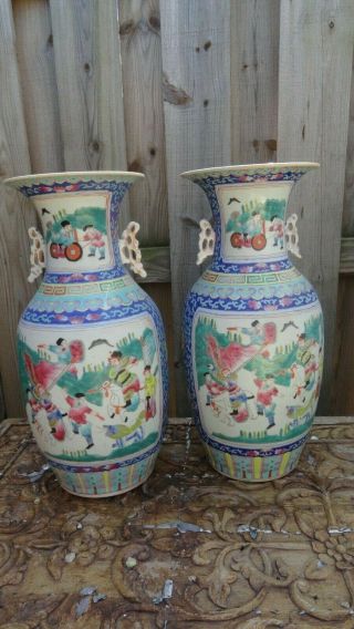 Pair Chinese Vases Porcelain Vintage Court Famille Rose 16 3/4 X 8 Inches Asia