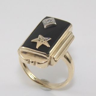 Vintage 10k Yellow Gold Natural Diamond Black Onyx Star Ring Size 3.  5 Ggc
