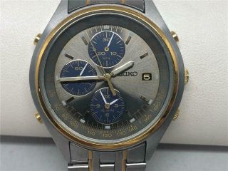 Mans Seiko 7t32 - 7c69 Chronograph Alarm Watch Stainless Two Tone Runs Pre - Owned