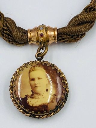 Antique Victorian Mourning Woven Hair & Gold Filled W/ Photo Portraits Fob 2