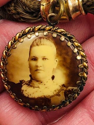 Antique Victorian Mourning Woven Hair & Gold Filled W/ Photo Portraits Fob 3