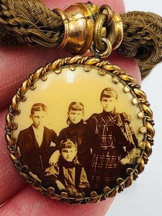 Antique Victorian Mourning Woven Hair & Gold Filled W/ Photo Portraits Fob 4