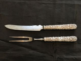 Vintage 2 - Pc Kirk Sterling Silver Repousse Small Meat Carving Knife And Fork Set