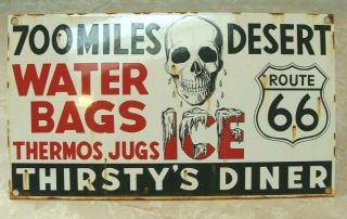 ROUTE US 66 VINTAGE PORCELAIN CALIFORNIA HIGHWAY SIGN THIRSTY ' S DINER TRUCK STOP 11