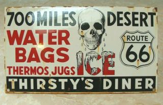 ROUTE US 66 VINTAGE PORCELAIN CALIFORNIA HIGHWAY SIGN THIRSTY ' S DINER TRUCK STOP 2